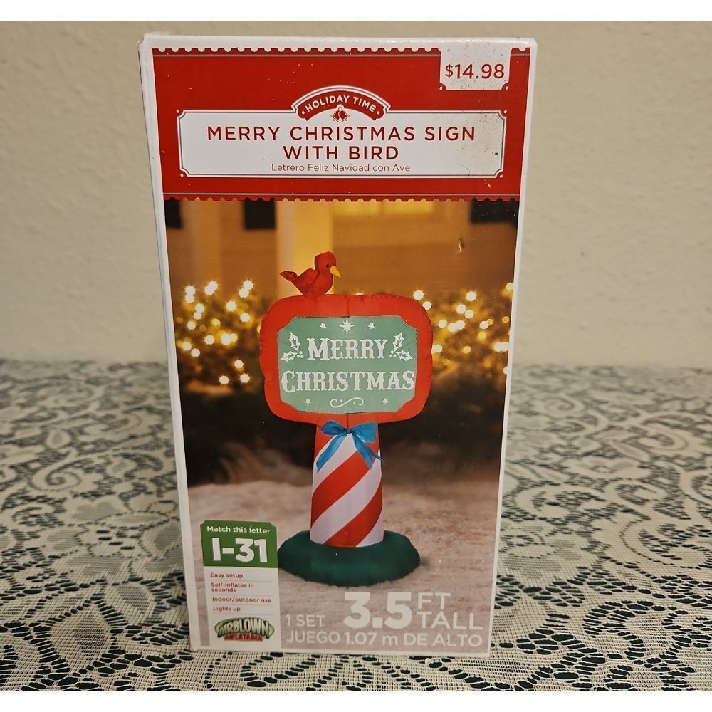 Holiday Time "Merry Christmas" Sign with Bird Inflatable Lighted Holiday Decor